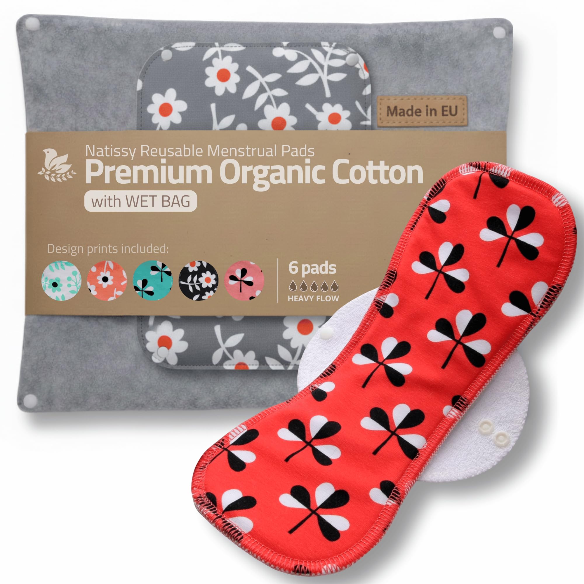 Made in EU – Reusable Sanitary Pads for Heavy Flow (6 Pack, L & XL) – High-Temp Washable, Extra-Absorbent Cloth Period Pads for Women – Ultra Soft Organic Cotton, Reliable Fit & Leak Proof Comfort