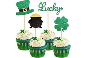 YCTHUNFISH 24 Pack St.Patrick's Day Cupcake Toppers Green Glitter Top Hat Lucky Four leaf clover Cupcake Food Picks Irish St Patrick's Day Baby Shower Birthday Party Cake Decorations Supplies