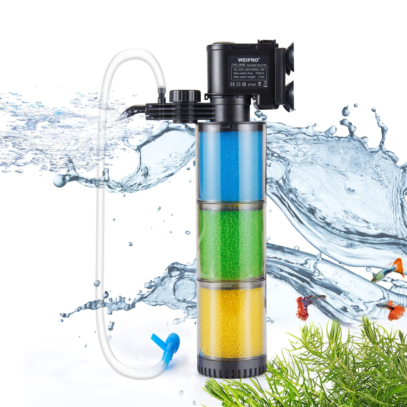 Weipro Internal Fish Tank Filter, 3-Stage Biochemical Sponge Filtration, 5W Adjustable Water Flow Submersible Aquarium Filter Pump for 50l ~ 120l Freshwater Saltwater Fish Tank, TH280B(330L/H) — image 1