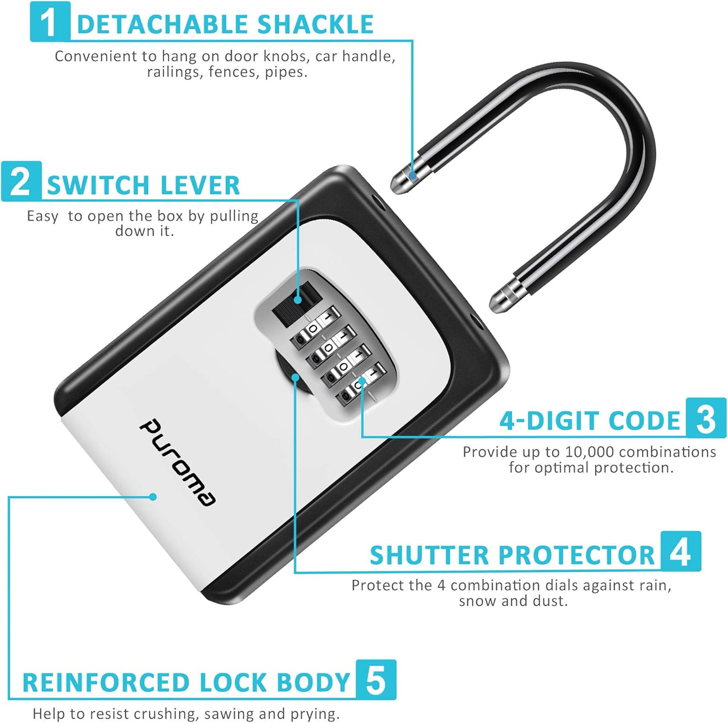 Puroma Key Lock Box Waterproof Combination Lockbox Portable Resettable Wall Mounted & Hanging Key Safe Lock Box for House Keys, Realtors, Garage Spare, Black & Gray - - 