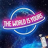 The World is Yours Neon Sign with Remote Dimmer, Ice Blue Pink Planet LED Neon Light Lamp for Wall Decor, Man Cave Home Bar Game Room Bedroom Birthday Gift Graduation Party