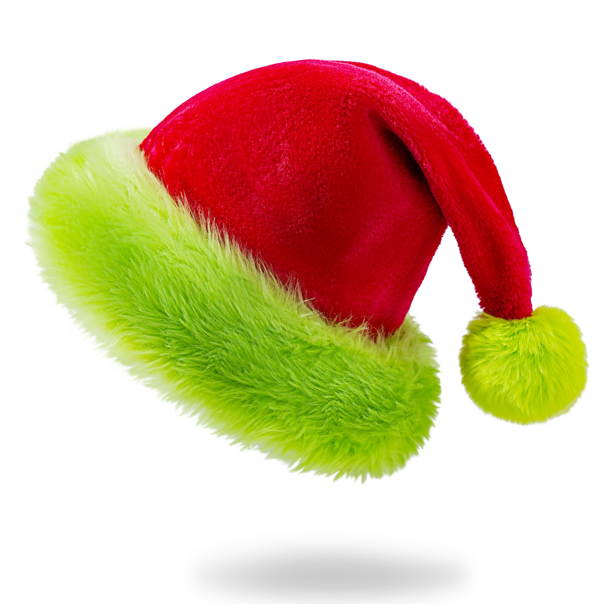 ROSAUI Green Trim Santa Hat for Adults – Red Velvet Christmas Hat with Bright Green Faux Fur, Soft Plush Holiday Cap for Xmas Parties, Fancy Dress, Photos & Festive Celebrations