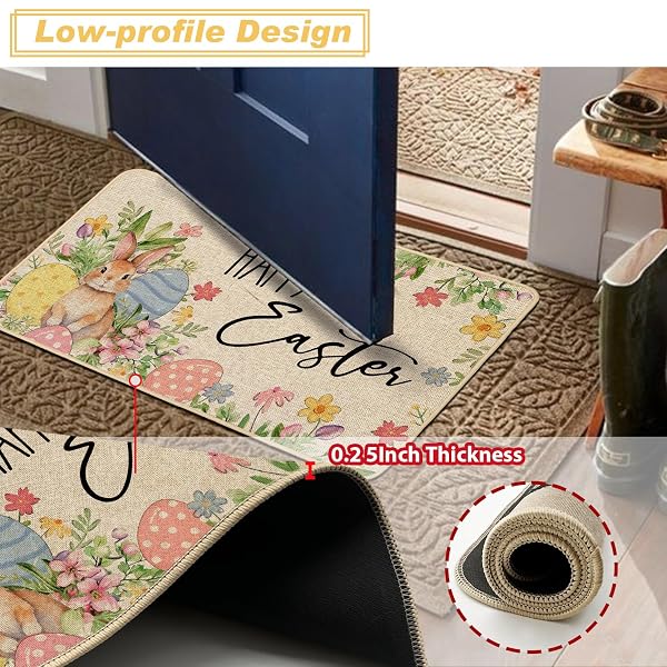 BACCESSOR HAPPY EASTER KITCHEN RUGS SET OF 2, BUNNY RABBITS COLORFUL EGGS FLOWERS KITCHEN MATS FOR FLOOR LOW-PROFILE EASTER HOLIDAY PARTY HOME DECORATION 17X29 AND 17X47 INCH