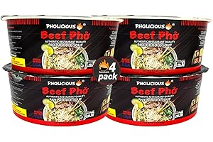 PhoLicious Instant Beef Pho, Authentic Vietnamese Rice Noodle Soup Kit with Spices & Broth Mix, Ramen Noodles Alternative, Quick Microwave Meal - Pho Noodles Bowl - Beef Flavor (4 Pack)