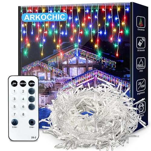 ARKOCHIC 10M Icicle Lights Multicolour Outdoor Christmas Lights, Outdoor String Light with 60 Drops, IP65 Waterproof Hanging Fairy Light Mains Powered for Christmas Decoration Eaves Garden Room