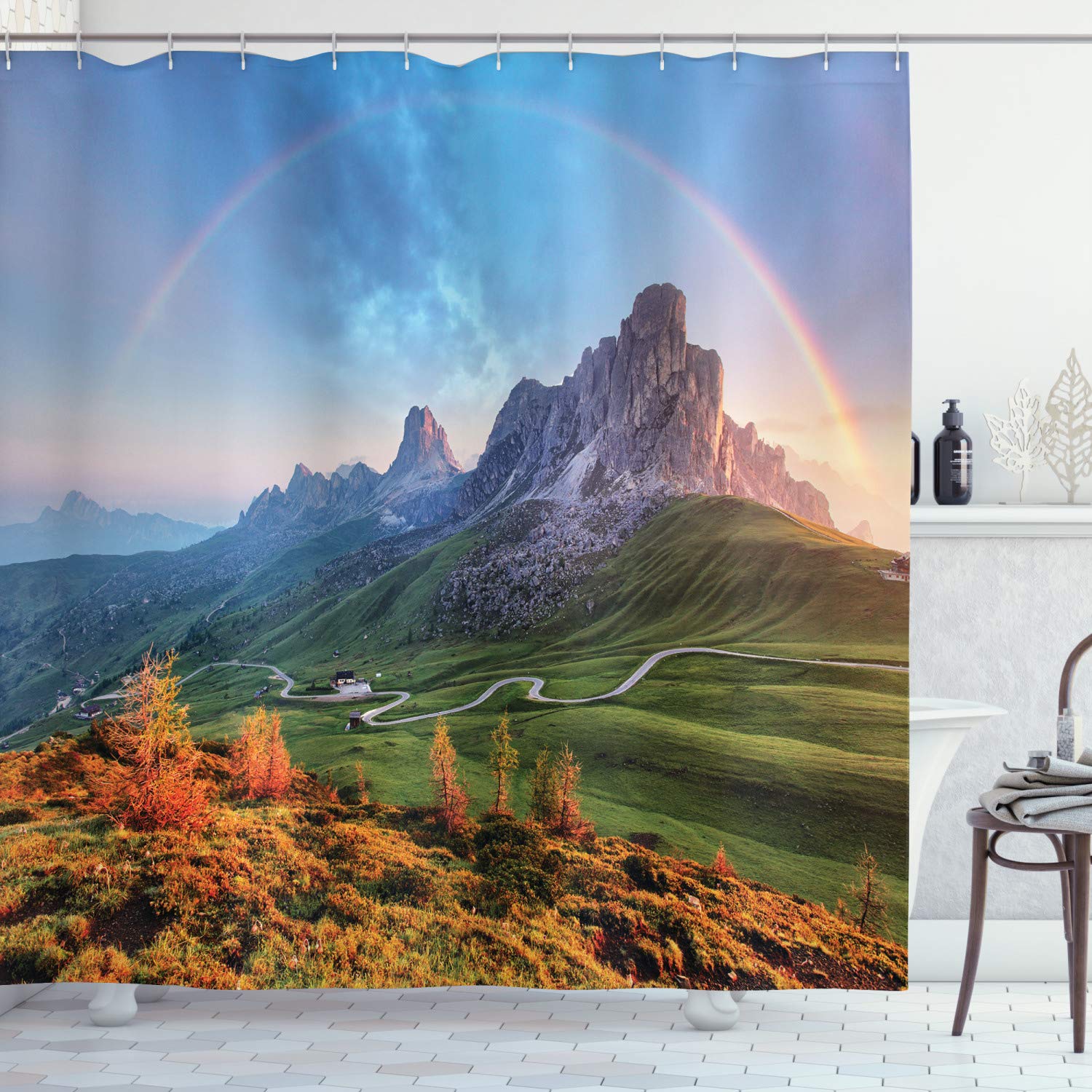 ABAKUHAUS Landscape Shower Curtain, Picture of Alps with a Rainbow and Green Field Mountain Range in the Morning, Cloth Fabric Bathroom Decor Set with Hooks, 86 Inches Extra Long, Multicolor