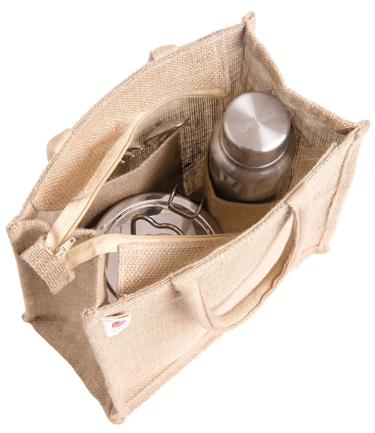 h&b unisex multipurpose wave white jute handbag with zip