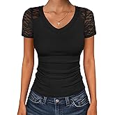 ANRABESS Women Short Sleeve V Neck Lace Shirts Ribbed Knit Fitted Basic Tee Top 2026 Summer Casual T-Shirts Going Out Outfits