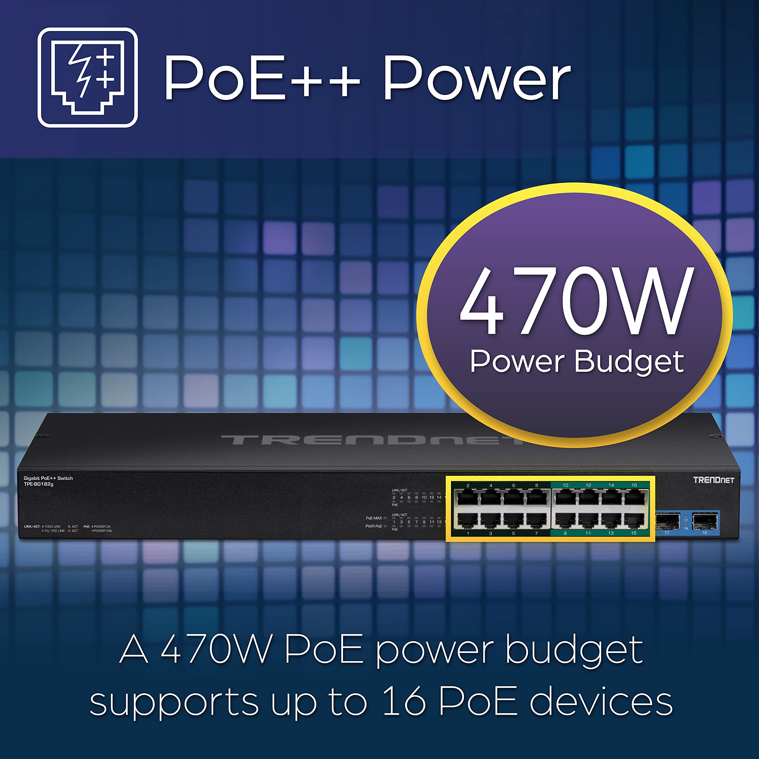 TRENDnet TPE-BG182g, 18-Port Gigabit 440W 4PPoE Switch with 8 x 95W 4PPoE Ports, 8 x 30W PoE+ Ports, 2 xGigabit SFP Slots,440W PoE Budget, 1U 19” Rack Mountable,Lifetime Protection