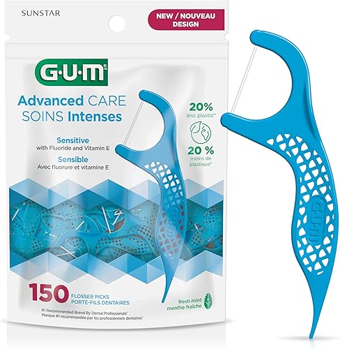 GUM Advanced Care Flosser Picks, Infused with Vitamin E & Fluroide, Fresh Mint Flavour, Blue, 150 Flossers (1 Bag)