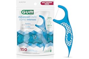 GUM Advanced Care Flosser Picks, Infused with Vitamin E & Fluroide, Fresh Mint Flavour, Blue, 150 Flossers (1 Bag)