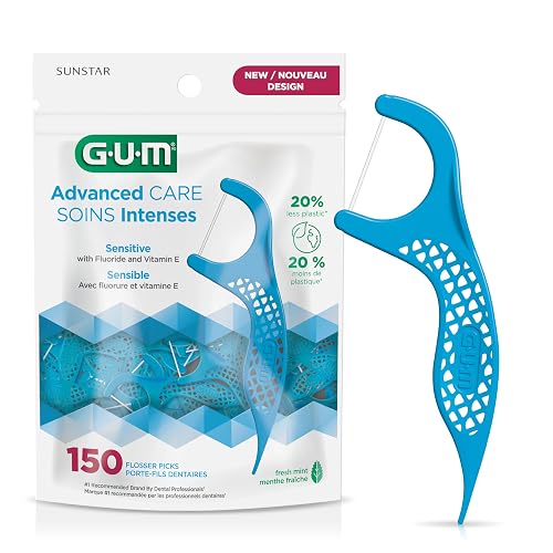 GUM Advanced Care Flosser Picks, Infused with Vitamin E & Fluroide, Fresh Mint Flavour, Blue, 150 Flossers (1 Bag)