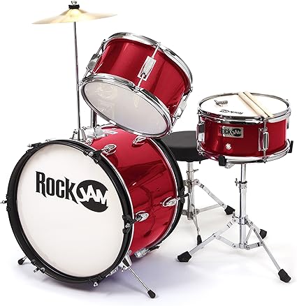 Rockjam 3 Pieces Junior Drum Set Avec Crash Pilons Trone Reglable Et Accessoires Rouge Amazon Fr Instruments De Musique