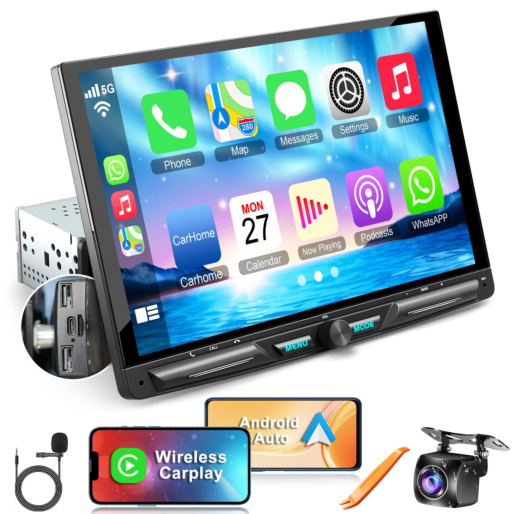 Photo 1 of Wireless 10.1" Single Din Car Stereo CarPlay Radio, Carplay Android Auto Touch Screen, Bluetooth 5.3, Car Audio Receiver, 240W Subwoofer, Backup Camera, FM/AM SWC