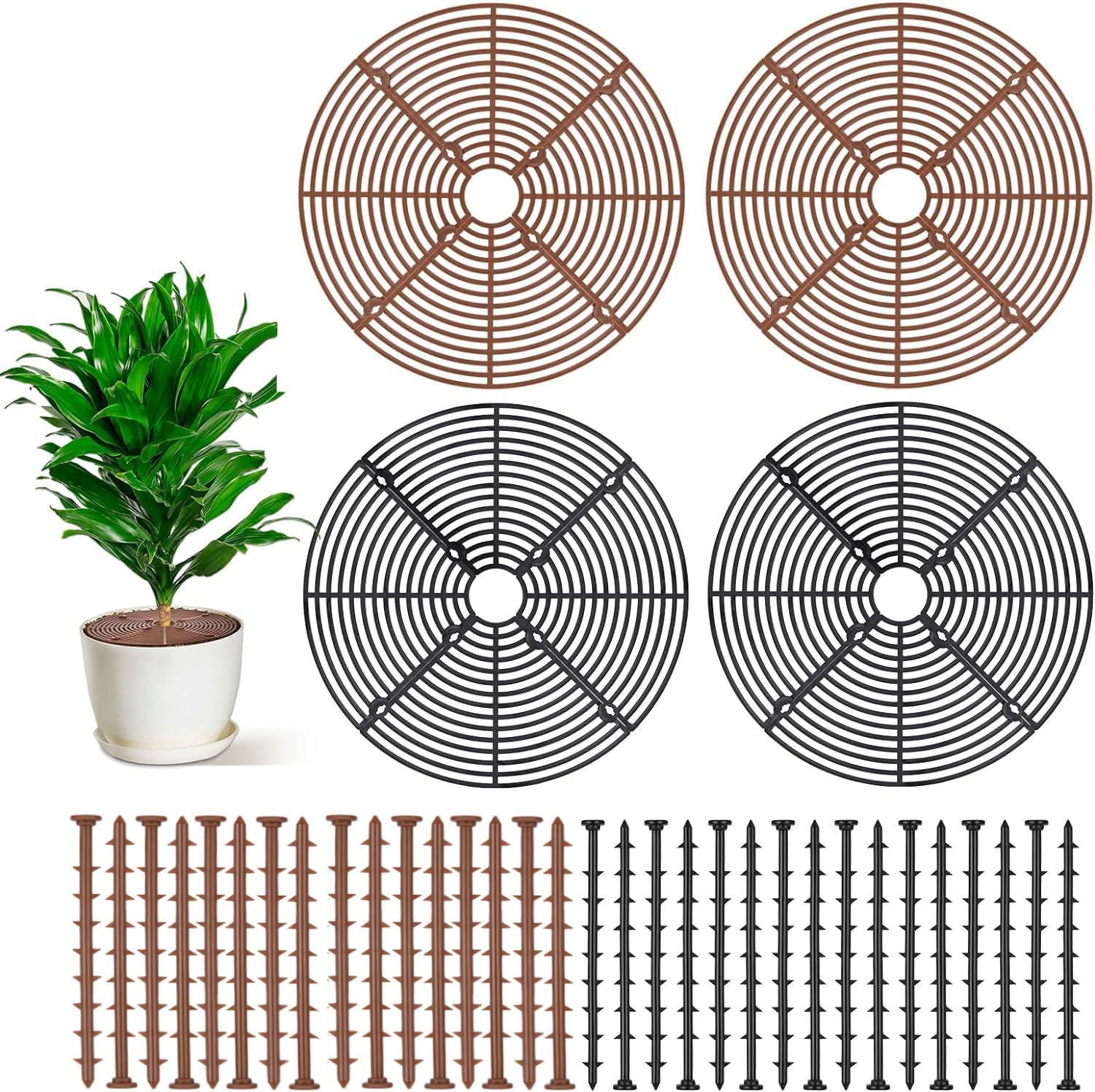 Zocipro 4Pcs Plant Pot Soil Guard, Cuttable Flower Pot Soil Cover Protectors with Deep Stakes, Children Pets Safety Plant Garden Cover Grid Frame, 11.8" Diameter (Brown+Black)