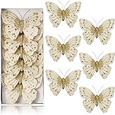 Glitter Velvet Butterfly Christmas Tree Ornaments, Artificial Decorative Butterflies with Clips, Holiday Crafts Decoration, Pack of 6 (White)