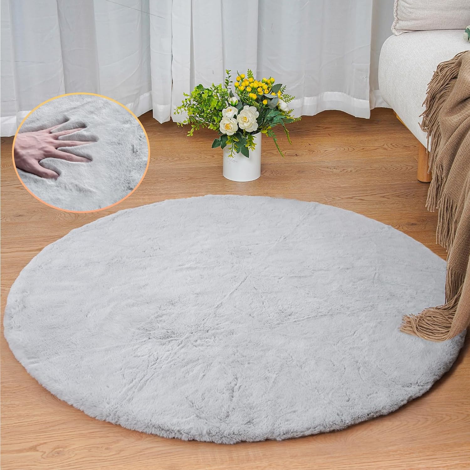 Rugs, Pads & Protectors - ORINOVA Grey Round Rug 3ft Machine Washable Shaggy Area Rugs for Living Room Faux Bunny Fluffy Fur Rug for Bedroom Small Circle Nursery Rug