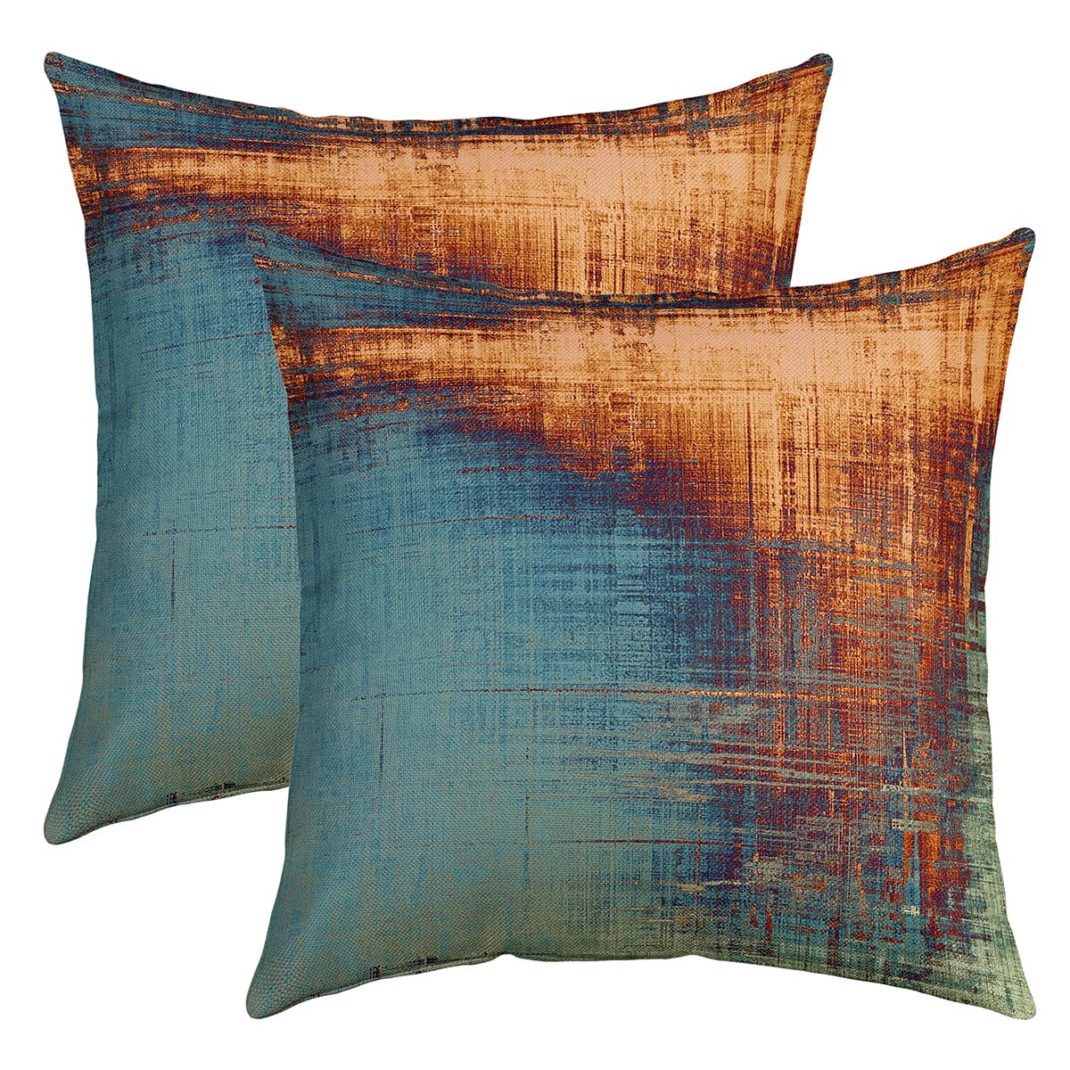 Vintage Abstract Throw Pillow Covers 16"x16" Set of 2 Soft Blue and Brown Messy Rust Painting Pillow Cases Cushion Covers For Living Room Modern Grunge Art Decorative Throw Pillowcases for Sofa — image 1