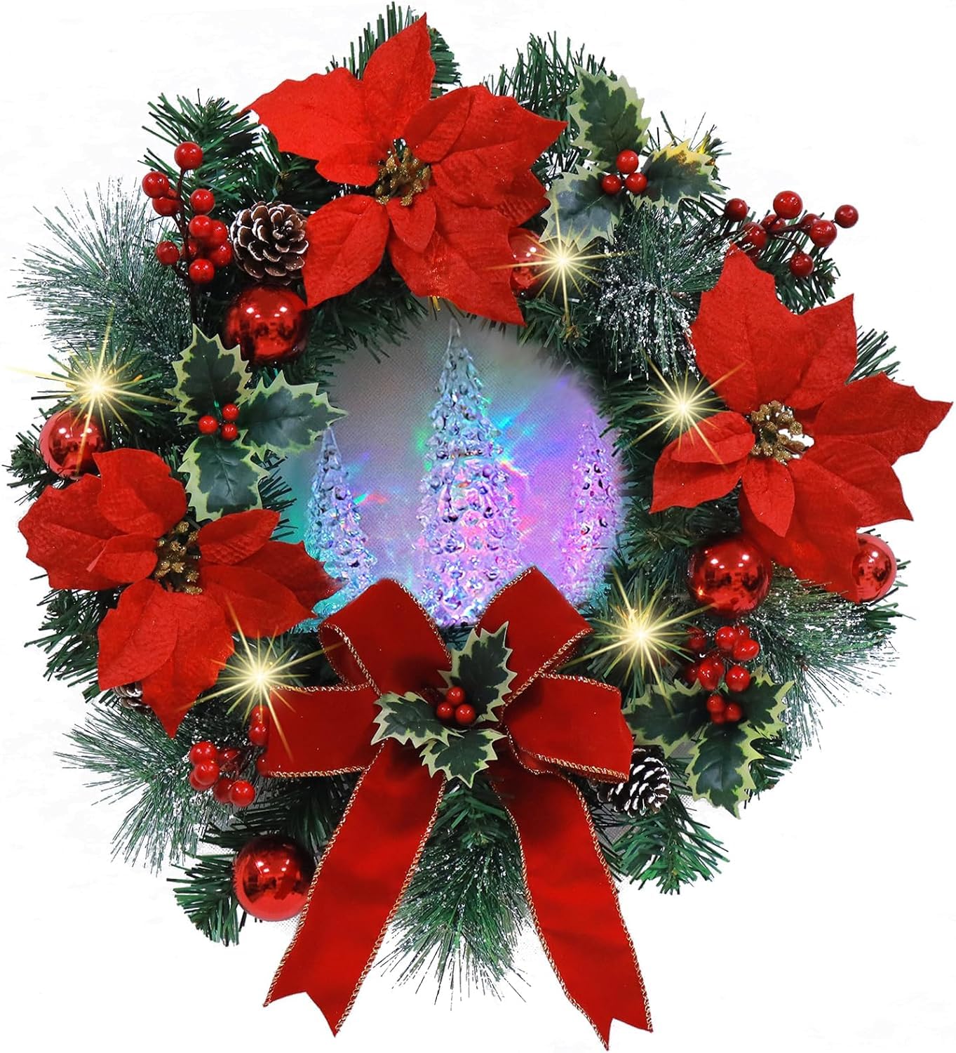 Photo 1 of 20'' LED Color-Changing Christmas Wreath - 5 Light Modes, Front Door Wreath with Glowing Christmas Tree Figurine, Indoor Outdoor Xmas Wreath Decorations