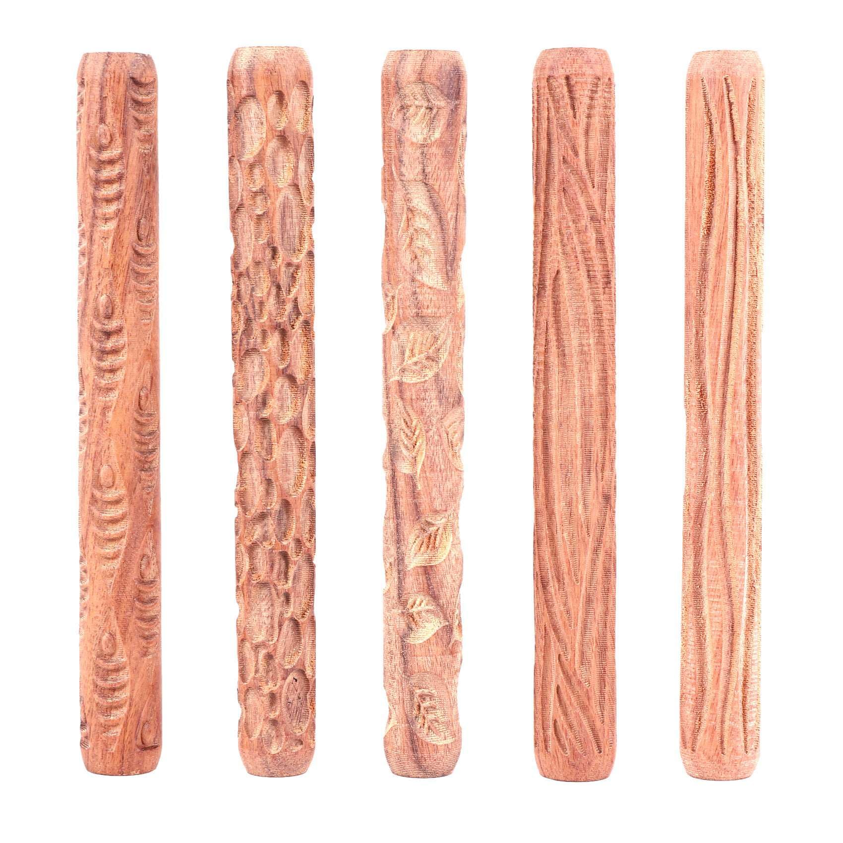 Haudang 5 Pieces Pottery Tools Wooden Hand Rollers for Clay Clay Stamp Clay Pattern Roller