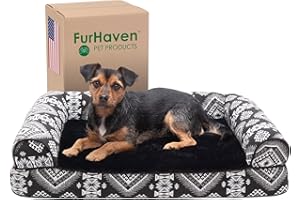 Furhaven Cooling Gel Dog Bed for Medium/Small Dogs w/ Removable Bolsters & Washable Cover, For Dogs Up to 35 lbs - Plush & Southwest Kilim Woven Decor Sofa - Black Medallion, Medium