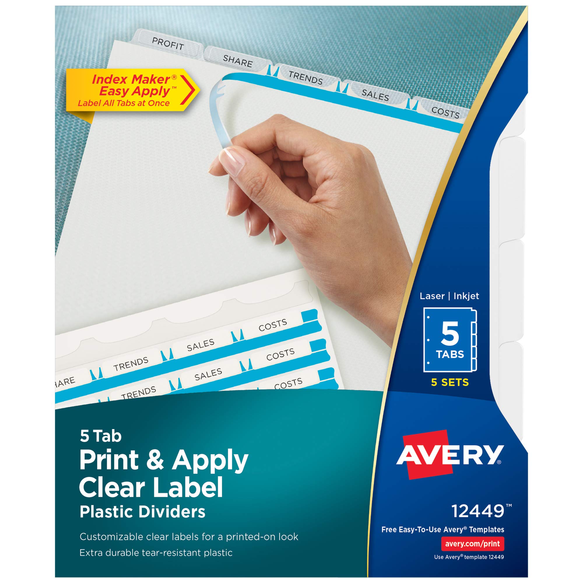 Avery 5 Tab Plastic Dividers for 3 Ring Binder, Easy Print & Apply Clear Label Strip, Index Maker Customizable Frosted White Tabs, 5 Sets (12449)