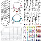 Ferreve 231 Pcs Charm Bracelet Making Kit Snake Chain European Large Hole Beads Dangle Charm with Plastic Storage Box DIY Jewelry Making Craft Gifts for Women(7.5 Inch)