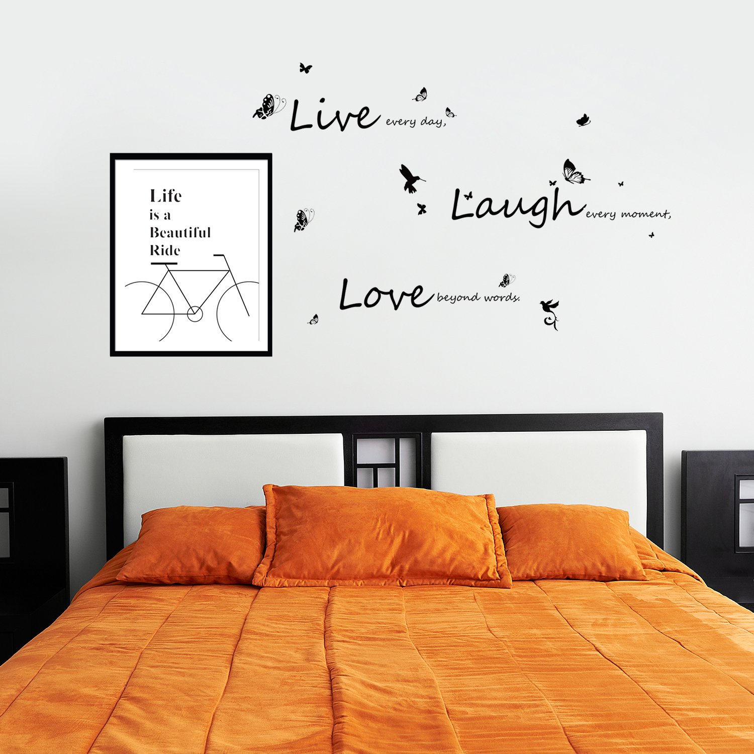 Walplus 182 x 100 cm "Bicycle Quote + Vivid Live Laugh Love" Removable Wall Stickers Frame Sticker Office Home Decoration, Black White