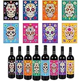 Whaline 32Pcs Halloween Skull Wine Bottle Stickers Day of The Dead Colorful Sugar Skull Wine Bottle Labels 8 Style Halloween Mexican Waterproof Bottle Labels for Day of The Dead Party