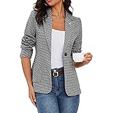ELLEVEN Women's Plaid Blazers with Embroidered Collar, Houndstooth Business Casual Work Office Jacket with Pockets