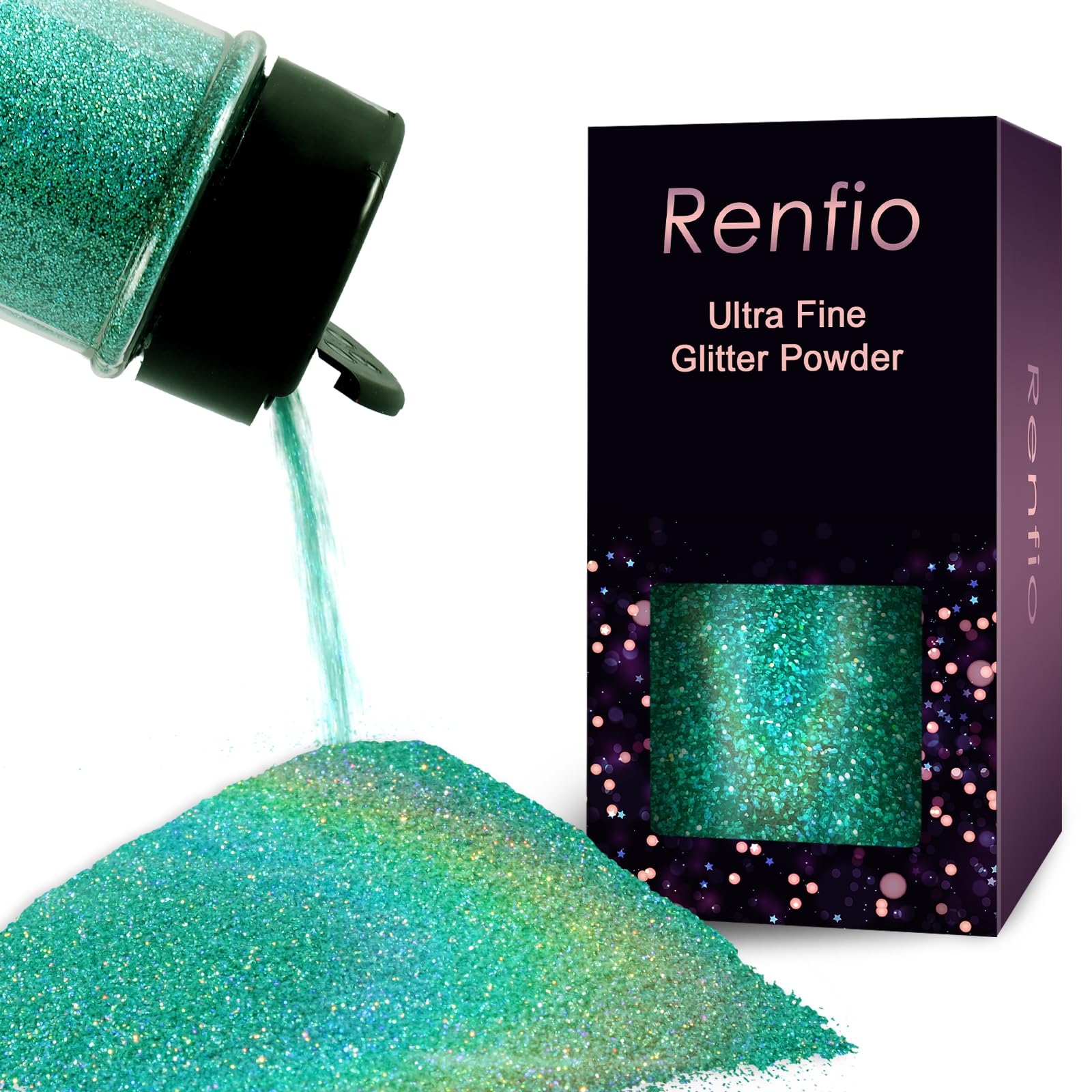 Renfio Holographic Ultra Fine Glitter Powder Metallic Resin Glitter 2.11 Oz (60g) PET Flakes Crafts Sequins 1/128" 0.008" 0.2mm Epoxy Chips Flakes for Tumblers Slime - Laser Mint Blue