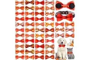 Hillban 50 Pcs Fall Thanksgiving Dog Collar Bow Ties Plaid Gingham Dogs Collar Accessories Bow Ties Attachment with Elastic Bands Detachable Charms for Pet Costume Photo Props Accessories Pet Shops