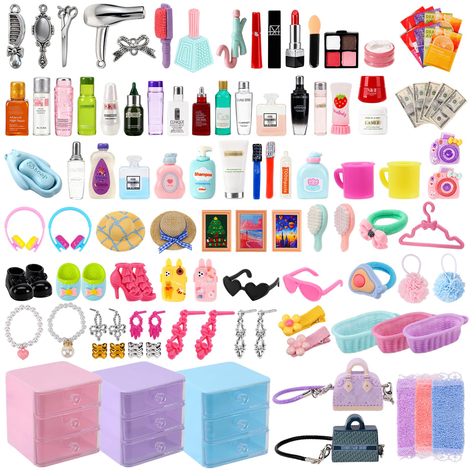 Photo 1 of 110Pcs Dollhouse Miniature Accessories Mini Bathroom Makeup Jewelry Set with Handbag Shampoo Perfume Hair Dryer Comb Shoes Glasses Money Photo Frame for DIY Doll Backpack Girl Micro Scene Decor