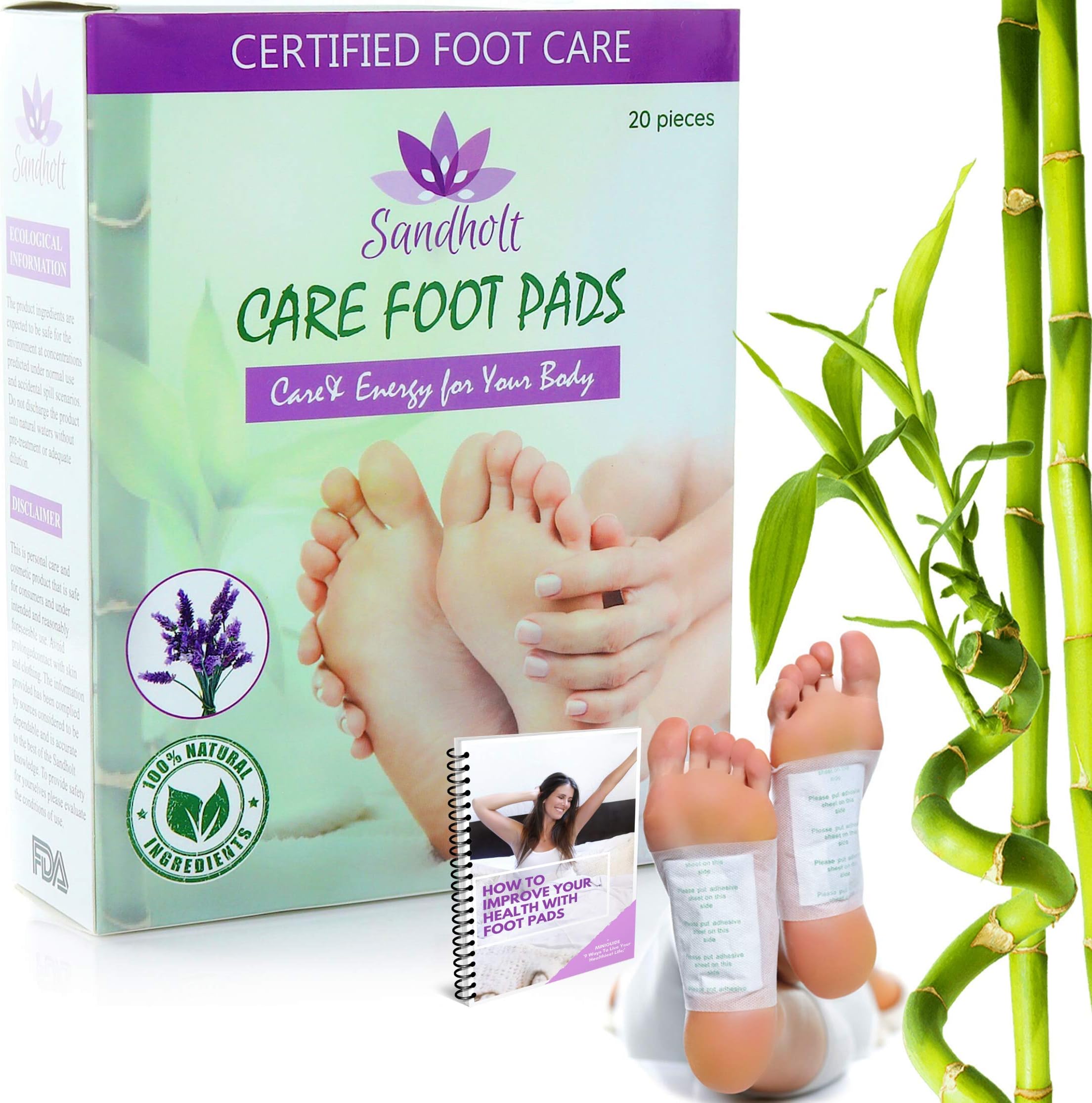 Sandholt Premium Body Cleanse Foot Pads - Stress, Pain and Constipation Relief - Improved Energy - Natural Sleep Aid - Odor Eliminator - Relaxing Feet Health Care - 20 Feet Patches + e-Book