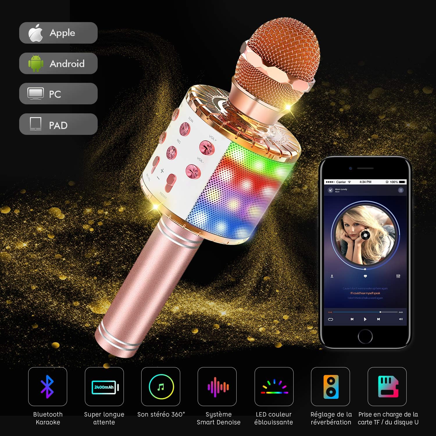 Karaoke Mikrofon Bluetooth, Tragbare Drahtlose Mikrofon Mit 4.1 Lautsprecher Für Erwachsene und