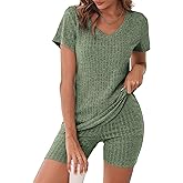 Ekouaer Biker Short Sets Women 2 Piece Outfits Ribbed Pajama Short Sleeve Workout Set