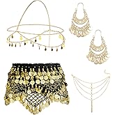 ORAZIO 4 Sets Women's Belly Dance Accessories, Hip Scarf Wrap Belt, Small Coins Hair Chain Tassel Anklet Bracelet