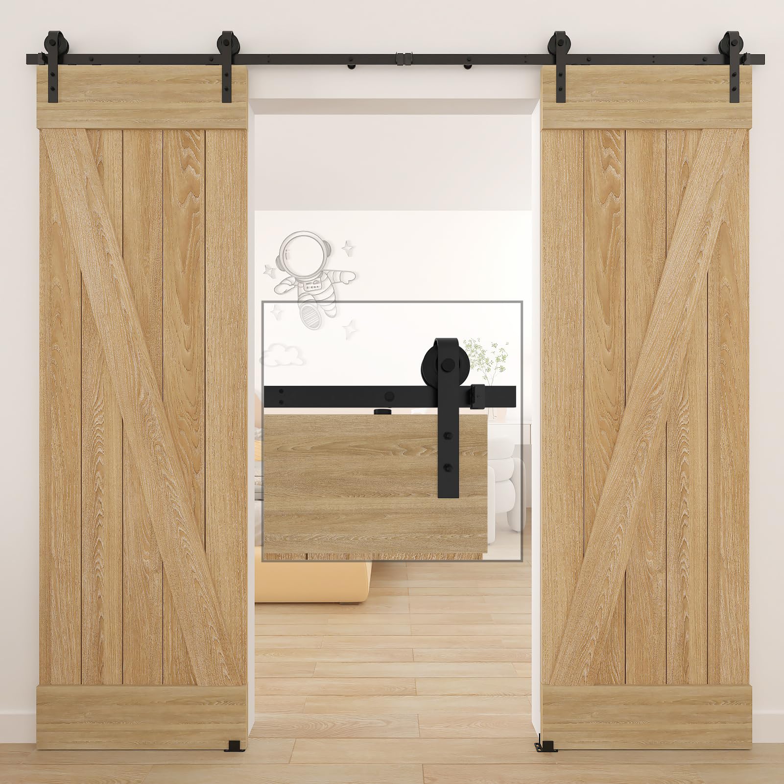 Photo 1 of DaAzHai 8FT Sliding Barn Door Hardware Track Kit for Double Door: Easy to Install -Smoothly and Quietly Sliding Barn Door Track Low Ceiling Lite Version, Upgraded Modular Track with Screw Fixation