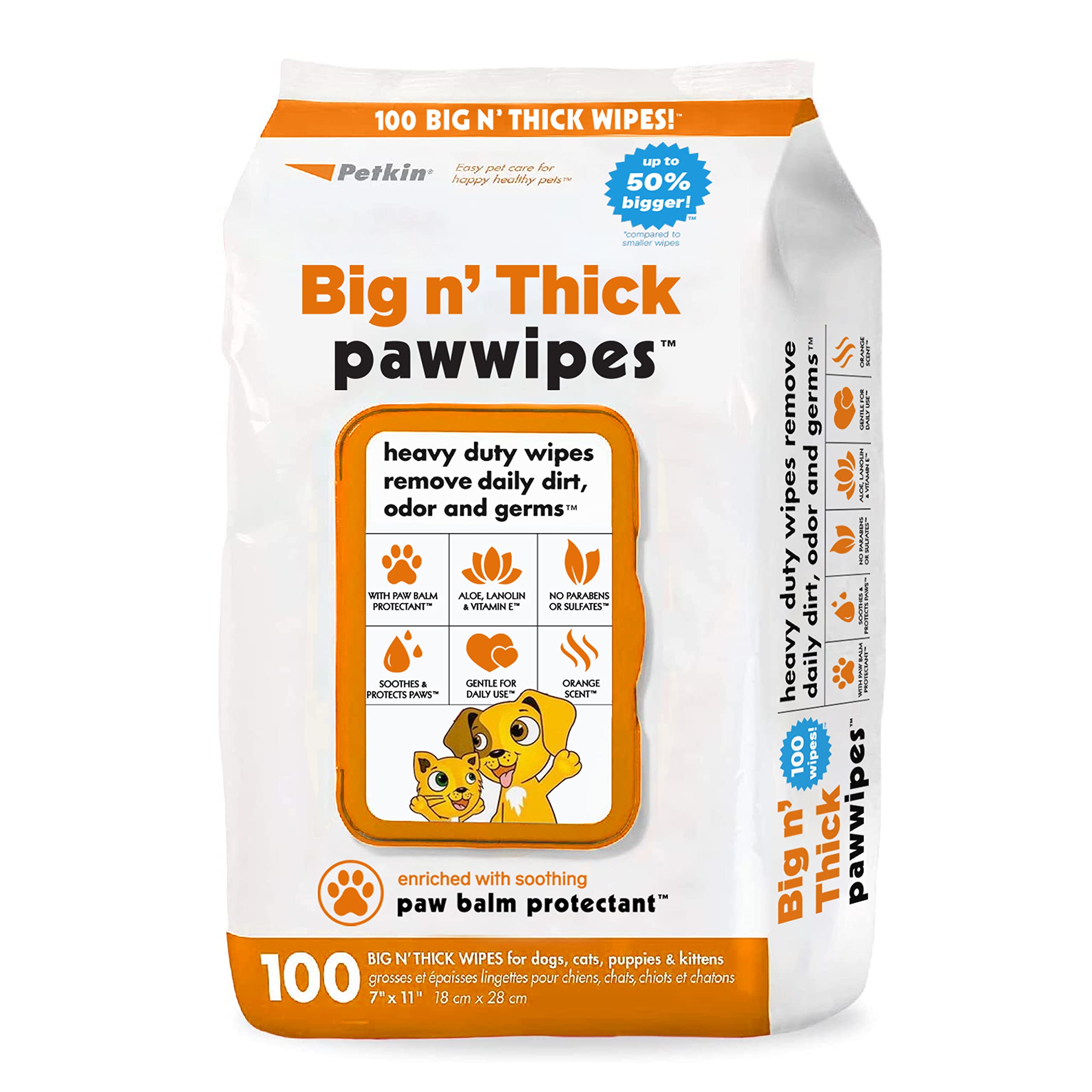 Petkin Big N' Thick Paw Wipes, 100 Orange Scented Wipes - Heavy Duty Pet Paw Wipes Remove Daily Dirt & Odors - Enriched with Soothing Paw Balm - Easy to Use Pet Wipes for Dogs, Cats, Puppies & Kittens
