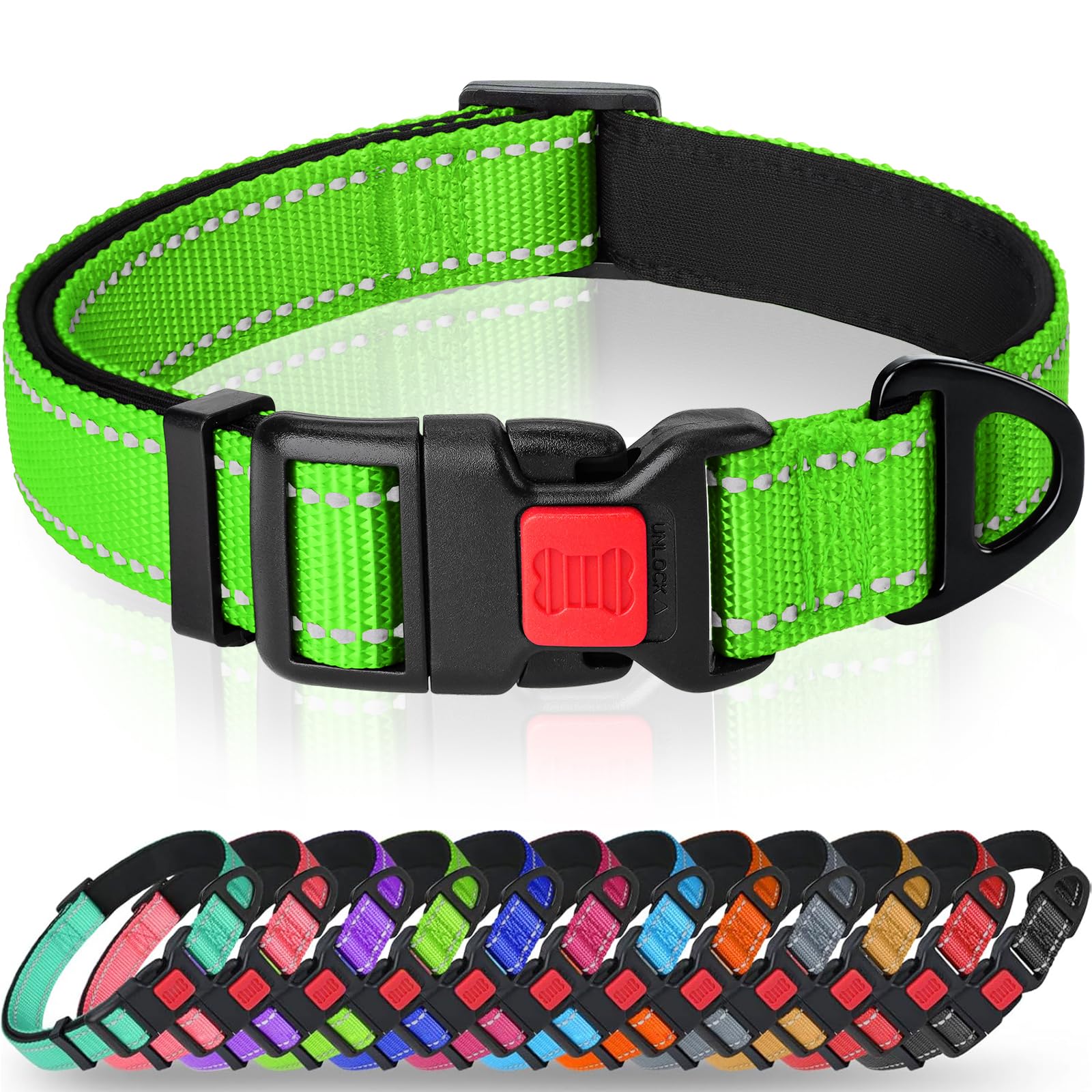 Taglory Reflective Nylon Dog Collar with Safety Buckle, Adjustable Pet Collars with Soft Neoprene Padding for Medium Dogs, Green
