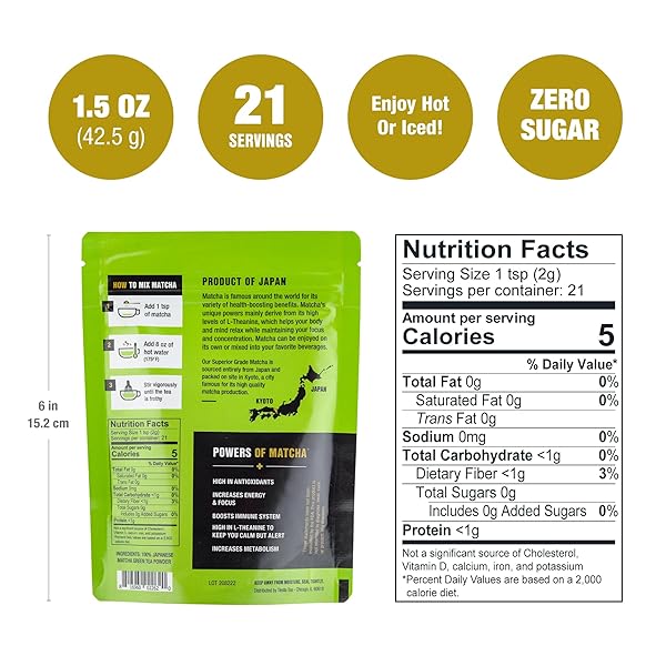 TIESTA TEA – SUPERIOR MATCHA | SUPERIOR GRADE JAPANESE MATCHA POWDER | HIGH CAFFEINATED GREEN TEA | MAKE HOT OR ICED | UP TO 21 CUPS | 1.5OZ RESEALABLE POUCH
