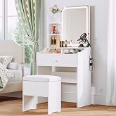 LIKIMIO Small Vanity Desk with Mirror Lights and Storage Stool | White compact vanity with 3 light modes, charging station, storage drawer, 3 shelves and upholstered stool