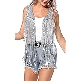 FEOYA Women Sequins Fringe Vest Glitter Sparkly Sleeveless Jacket 70s Open Front Tassel Vest