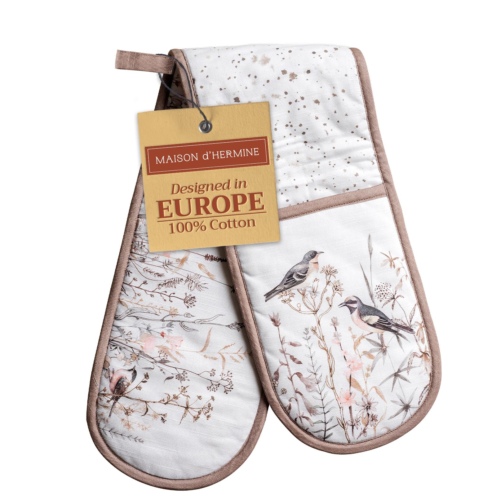 Maison d' Hermine Double Oven Mitts 100% Cotton 18 cm x 89 cm Double Oven Mitt Heat Resistant BBQ Cooking Gloves with Loop Baking Handling Hot Pans Gifts for Mothers Day (Meadow Florals - Brown)