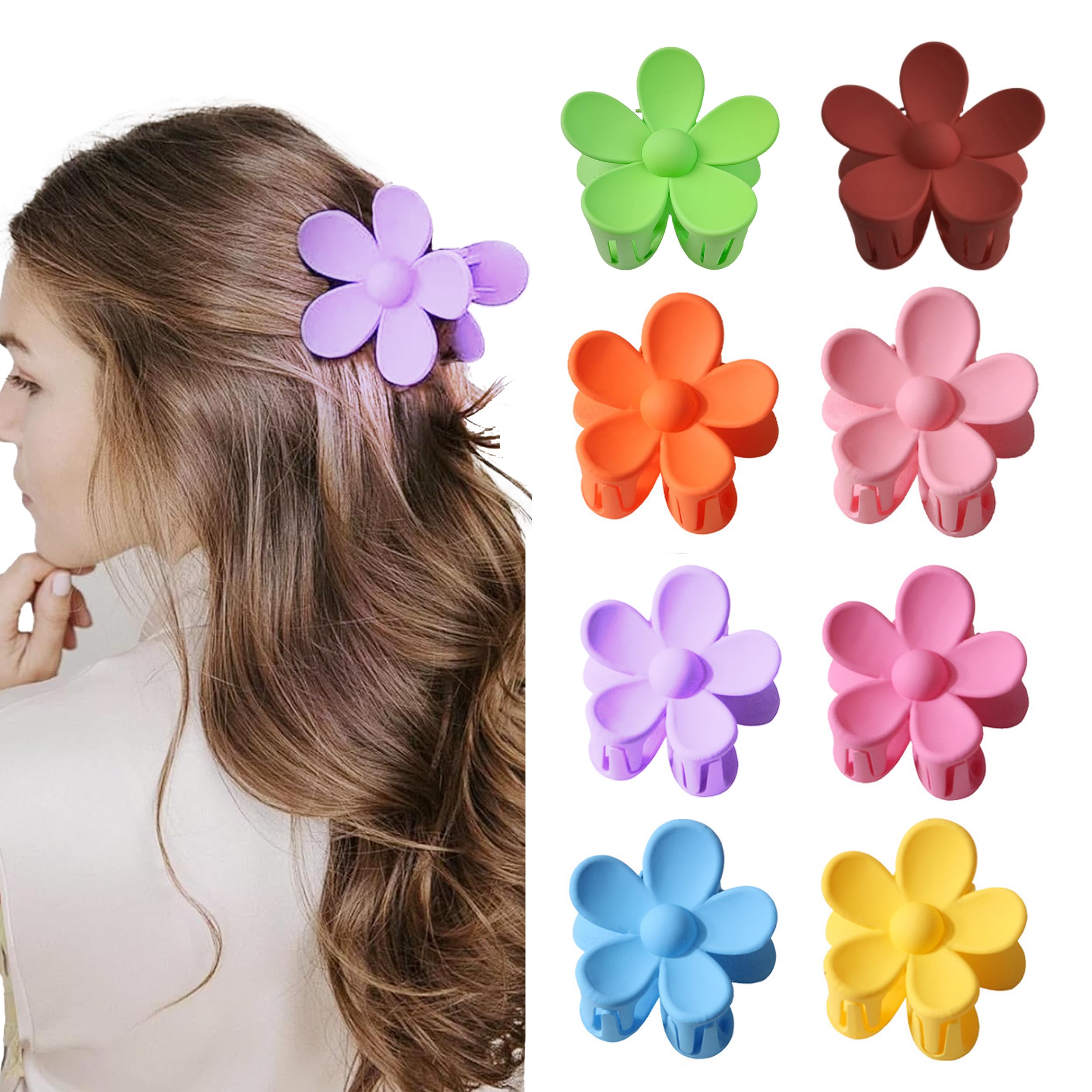 Flower Hair Claw Clips 8PCS, Matte Non-Slip Big Hair Clips with Strong Hold for Women and Girls, Stylish Floral Accessories for Secure All-Day Wear