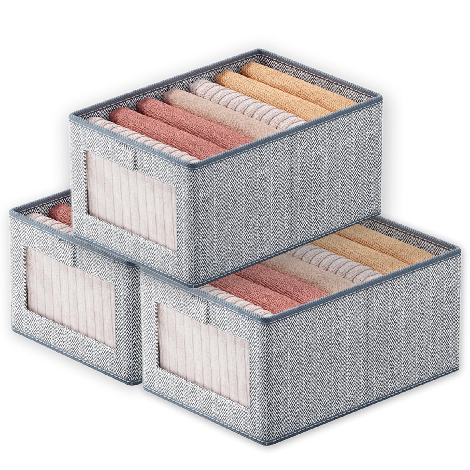 Goesort Set of 3 Clothes Storage Boxes, Wardrobe Storage Organiser Fabric Clothes Organiser, Storage Boxes with Clear Window For Jeans Pants Shirts Leggings Sweaters, Medium