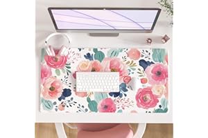 Colorful Star Large Mouse Pad, Pink Floral Desk Mat for Desktop, Women Girls Flowers PU Leather Waterproof Desk Pad, Computer PC Laptop Protector Gaming Mouse Pads for School Office Home 31.5" x 15.7"