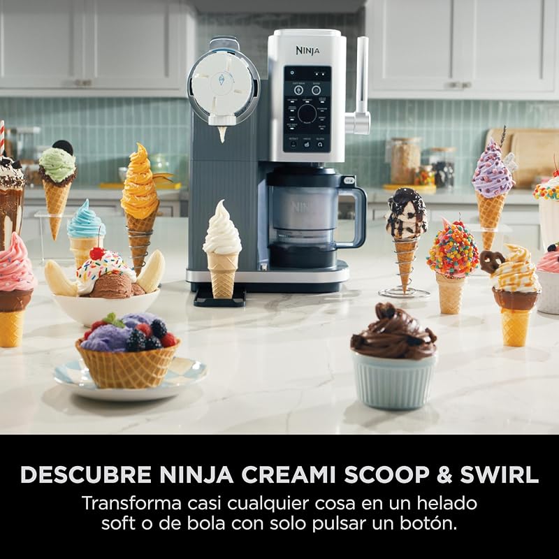 Máquina de gelados CREAMi Scoop & Swirl e máquina de iogurte gelado com 2 recipientes, 13 funções, prepara gelado, gelado cremoso, gelado, sorvete, batido e mais, opção de extras, prata, NC701EU