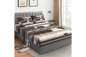 WeCozy Queen Size 4 Pcs Bed Fitted Sheet Set with 14" Deep Pocket, Western Cow Print Flat Sheet Set for Kids and Adults, Retro Farmhouse Animal Bedding with 2 Pillowcases for Bedroom Decor