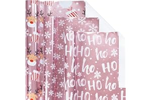 LeZakaa Christmas Wrapping Paper Mini Roll, Pink Metallic Foil Shine Paper - Snowflakes/Santa Claus/ "HO" Print for Gift Wrap